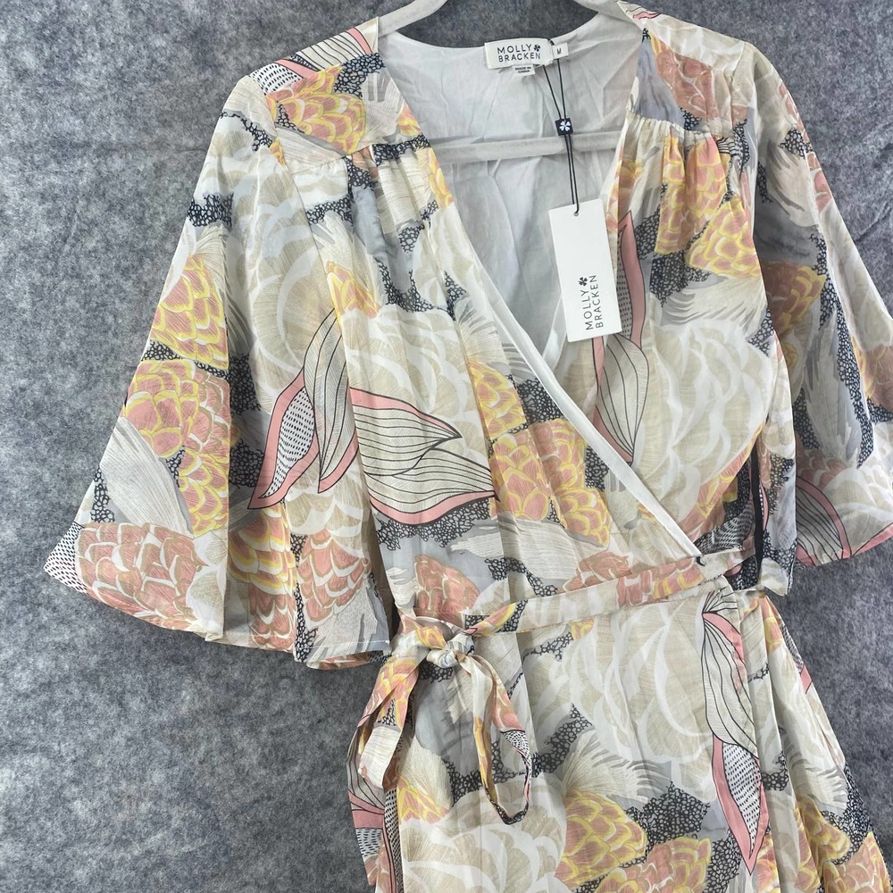 Molly Bracken Maxi Dress Medium Pink Lotus Floral Print Wrap Short Sleeve NWT - Picture 6 of 13